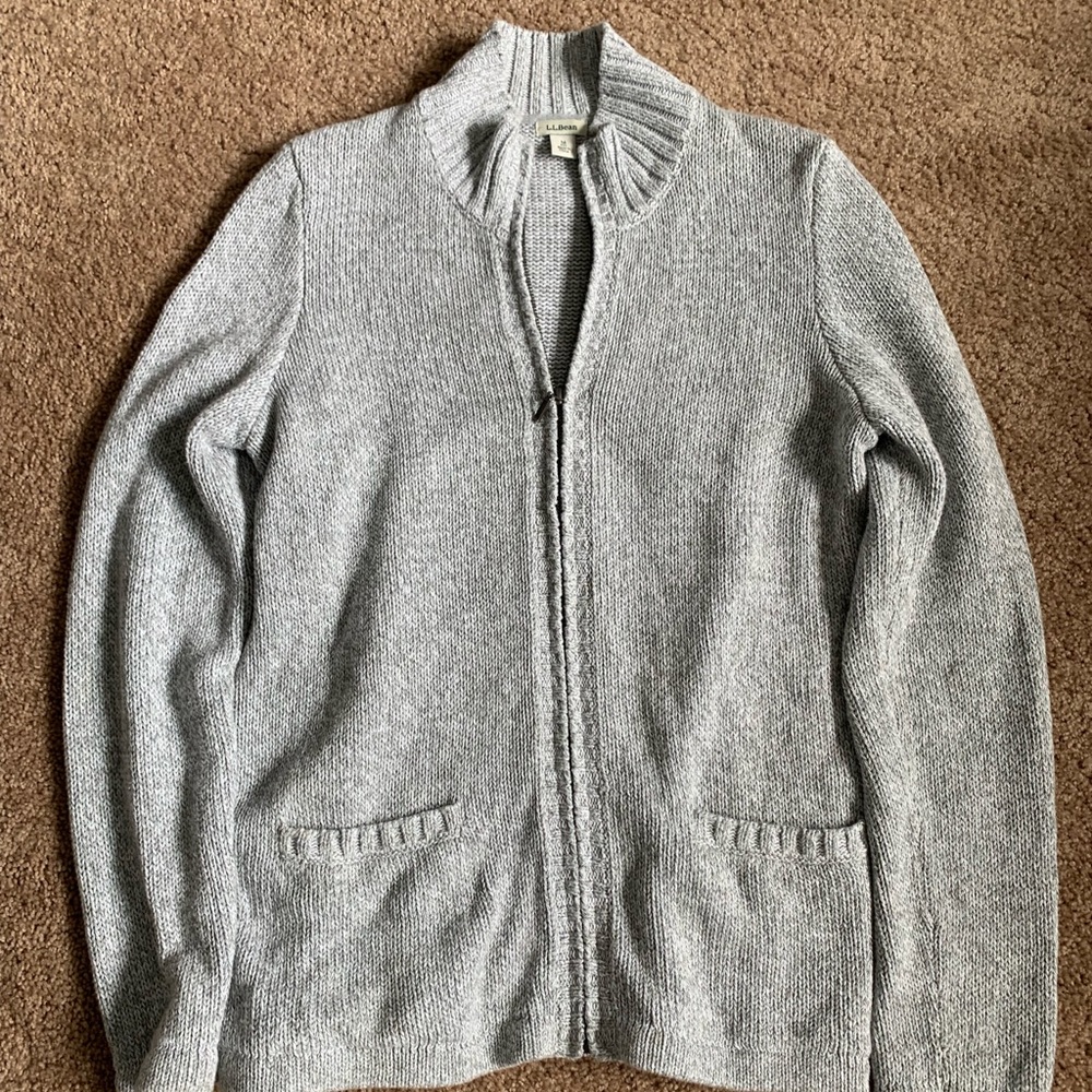 LL BEAN full zip light knit heather gray sweater